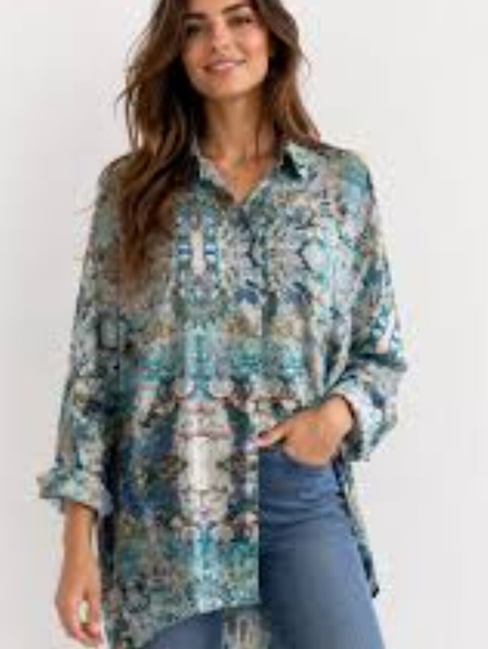 Jane and Delancey Boho Teal Multi Print Button-Front Long Sleeve Tunic - M